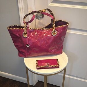 Brighton Stylish Pink Paten Leather Tote Bag with Leopard Trim